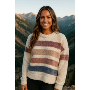 TS Sherpa Teddy Boucle Pullover Sweater Buttery Soft Striped Fleece Winter Cozy